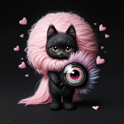 Surreal Chibi Eye with Kitten and Flamingo Elements