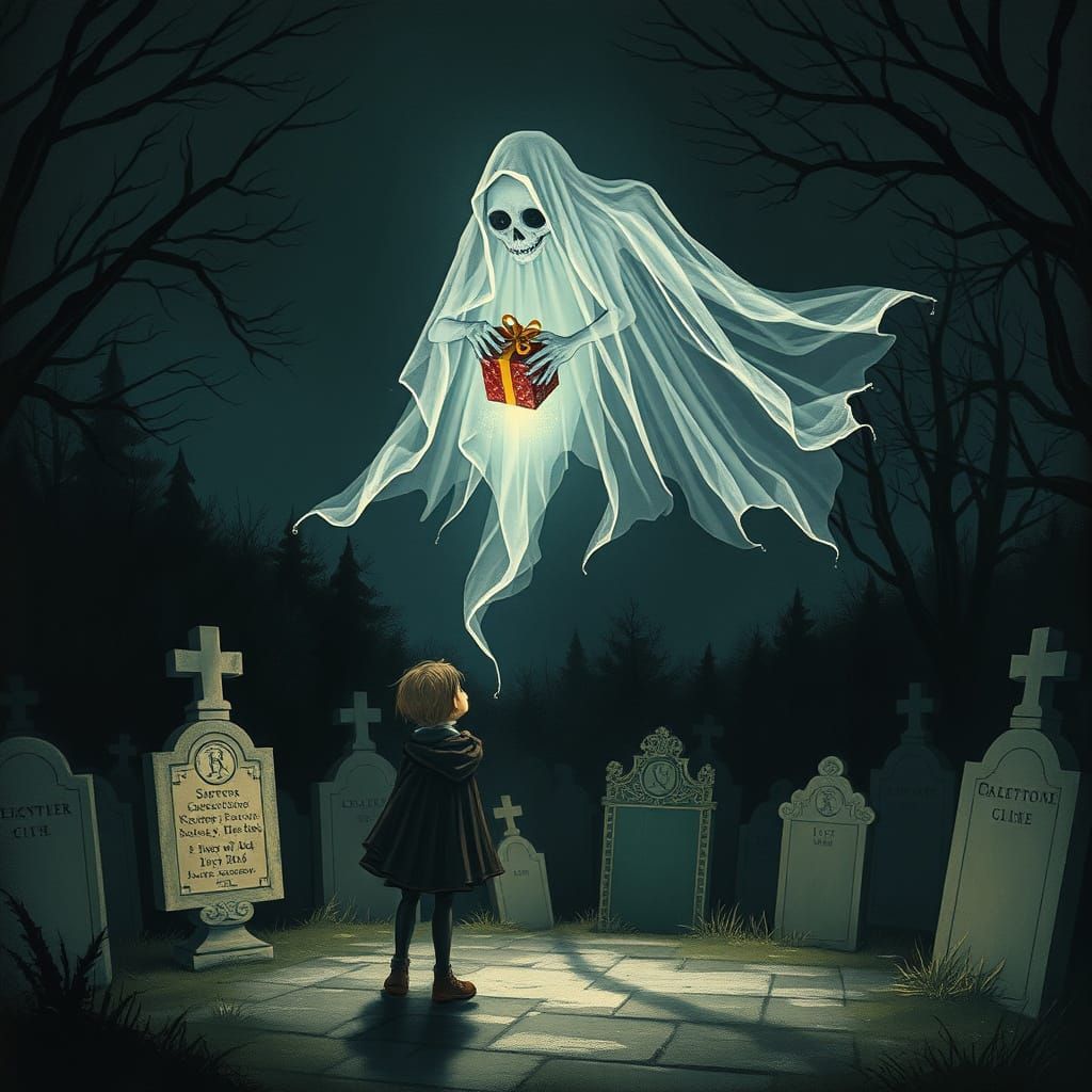 Ghost Gifts Girl on Night Cemetery in Gothic Style