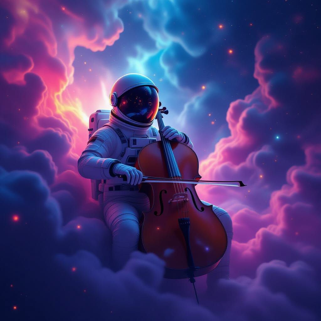 Astronaut Plays Cello in Vibrant Nebula
