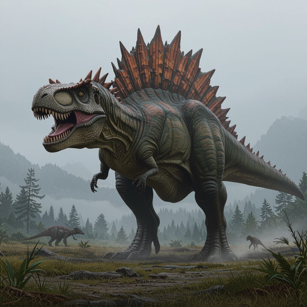 Hybrid Dinosaur: T-Rex, Spinosaurus, Giganotosaurus in Misty...