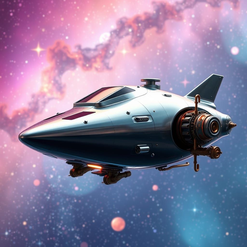 Sleek Silver Spaceship Soars in Vibrant Galaxy