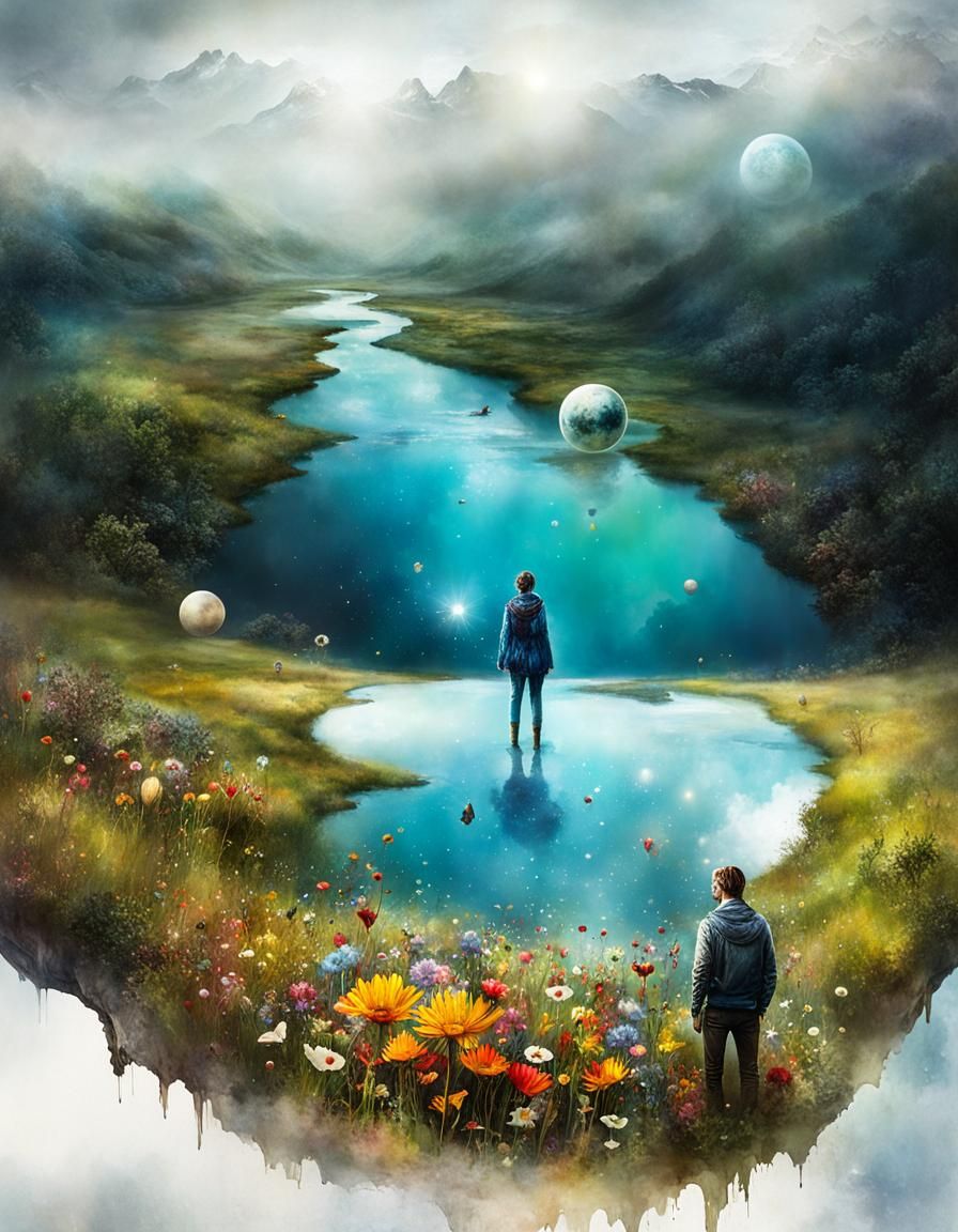 Surreal Flower Meadow Fantasy Landscape in Watercolor