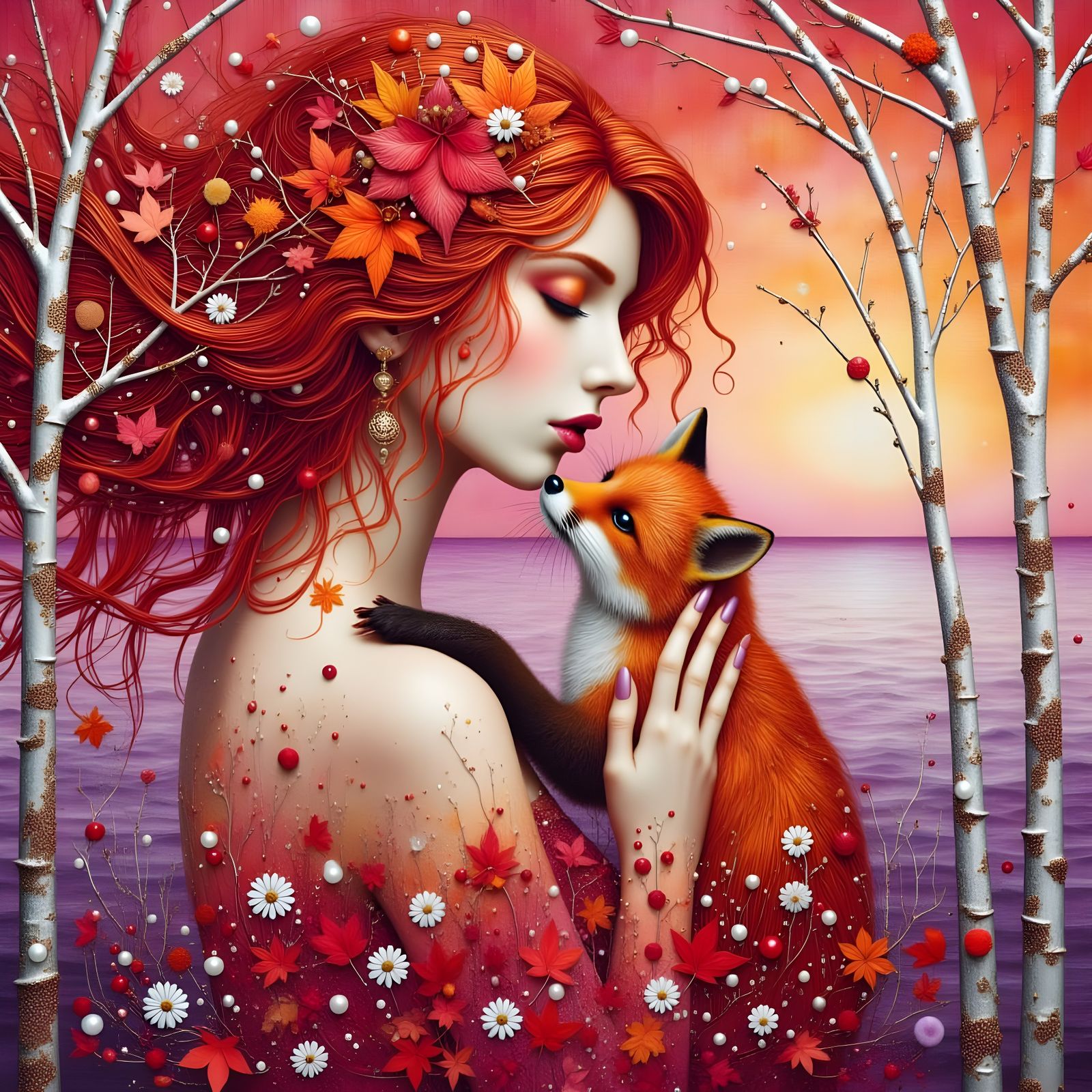 Fiery Red-Haired Woman in Maple Leaf Dress with Baby Red Fox