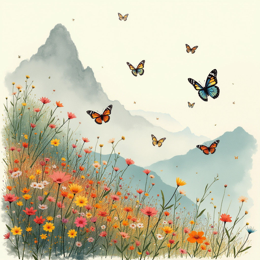 Mountain Landscape with Flowers and Butterflies in Ink