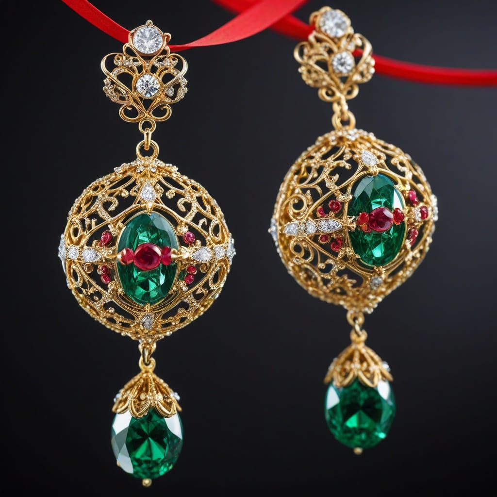 Macro extreme close-up fisheye lens photography. Gold filigree Cartier earrings decorated with emeralds, diamonds, and r...