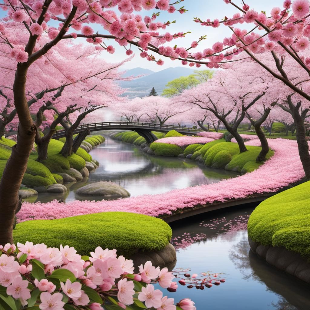 Serene Cherry Blossom Park in Full Bloom