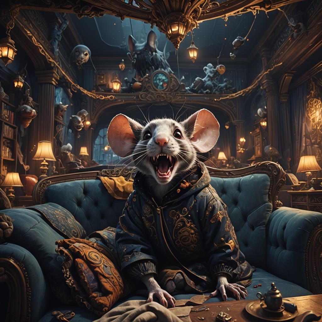 Woman Screams at Giant Mouse in Detailed Painting