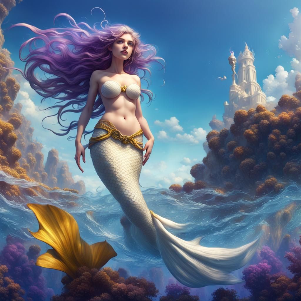 White Mermaid in Blue Sea: Fantasy Art