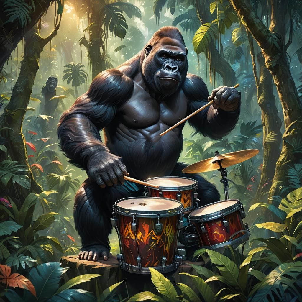 Mystical Jungle Gorilla Drummer: Fantasy Oil Painting