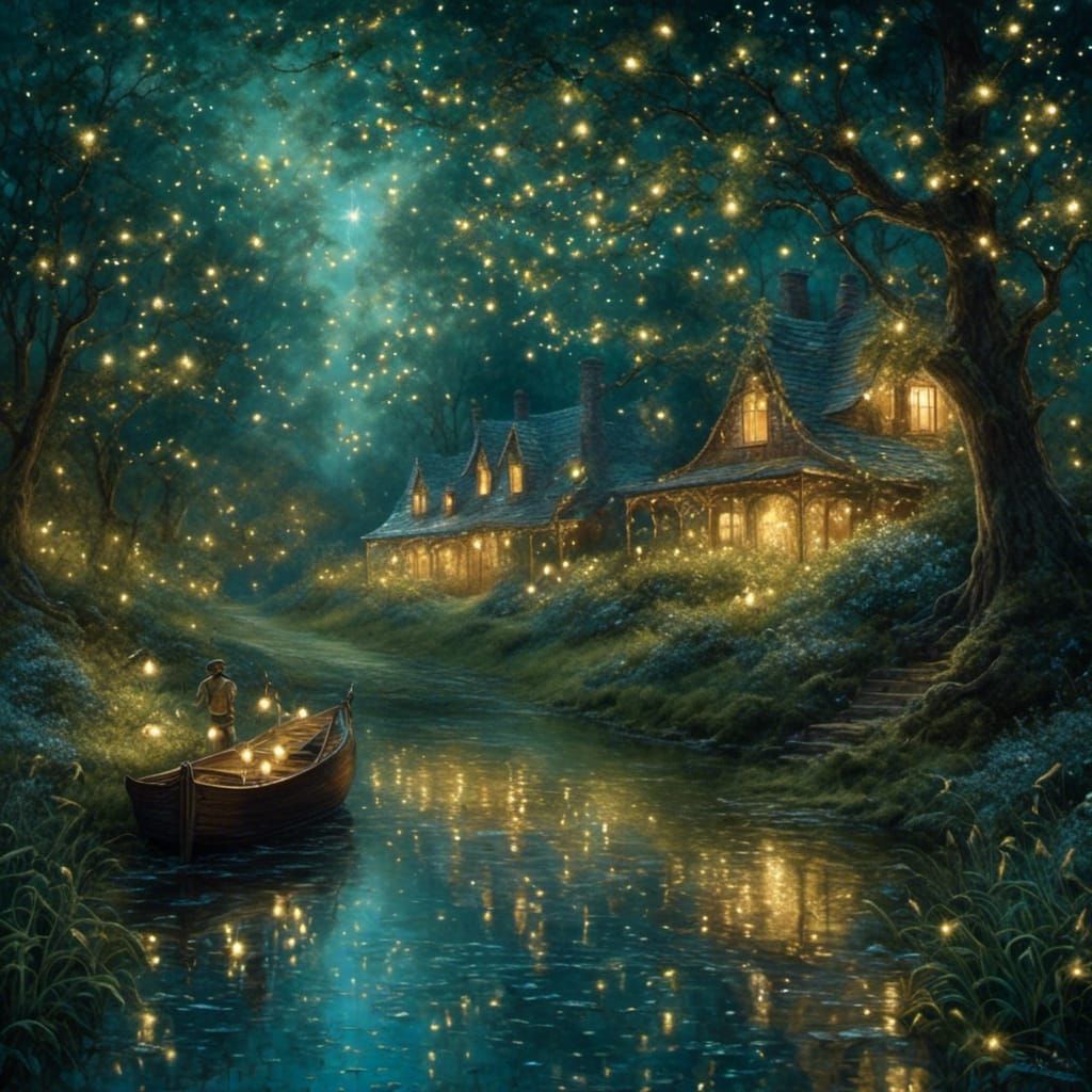 Swarm of Glittering Fireflies in the Night