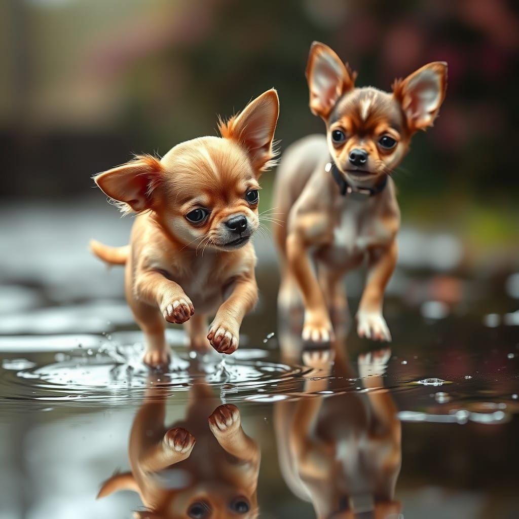 Cute Chihuahua Duo Plays in Puddle with Cinematic Bokeh