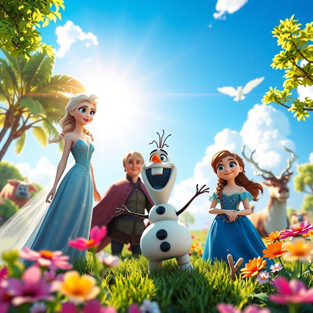 Frozen Friends in Vibrant Summer Wonderland - 3D Realistic A...
