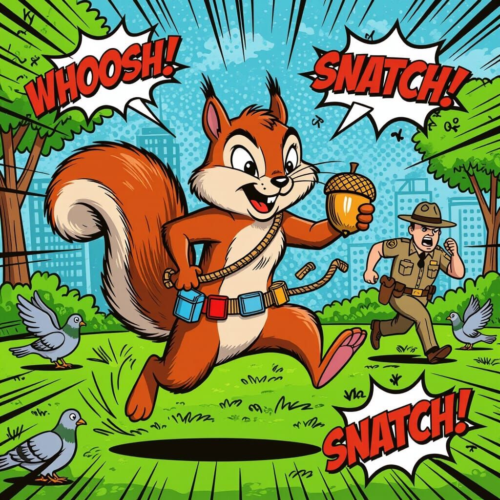 Squirrel Acorn Heist in Comic Book Style