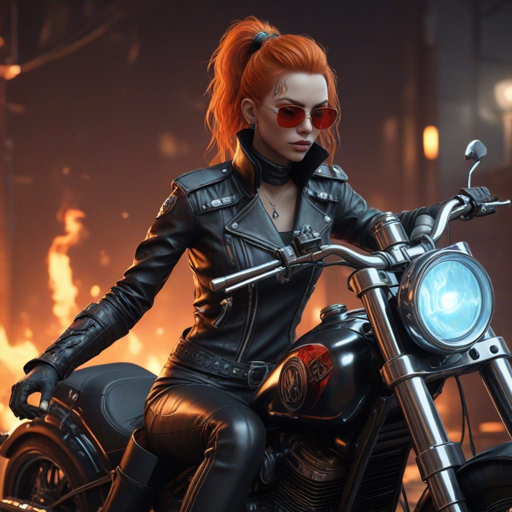 Cyberpunk Vampire Rider in Neon Cityscape