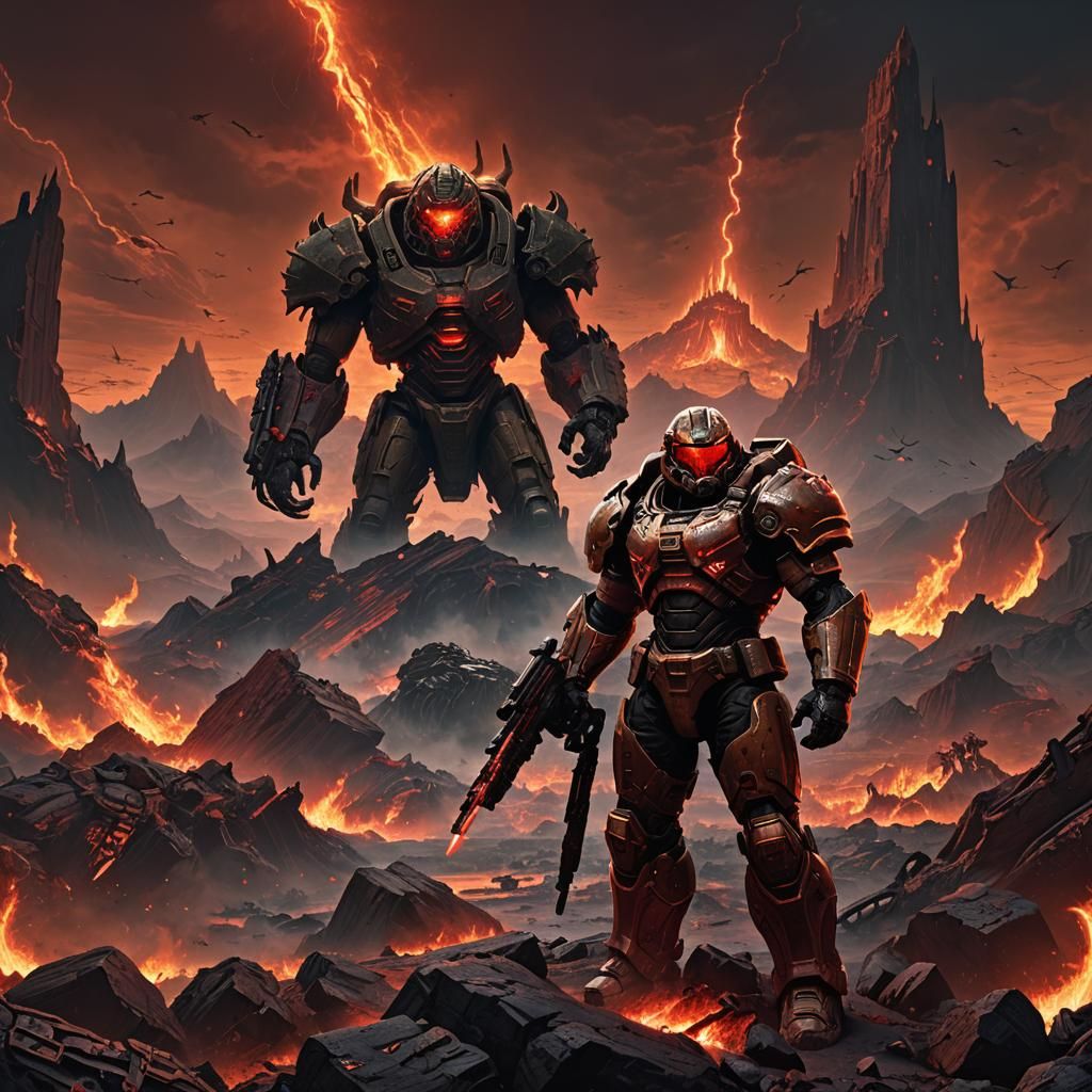 Victorious Doom Slayer in Hell Landscape