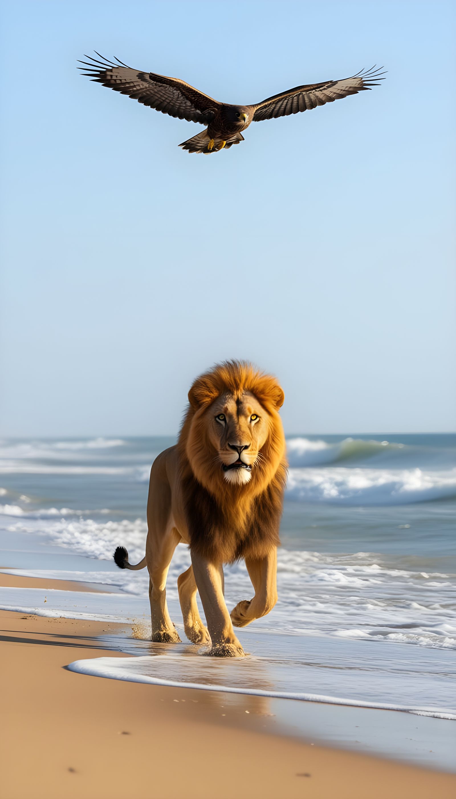 Lion Runs on Beach with Falcon Overhead, Realistic Wildlife ...