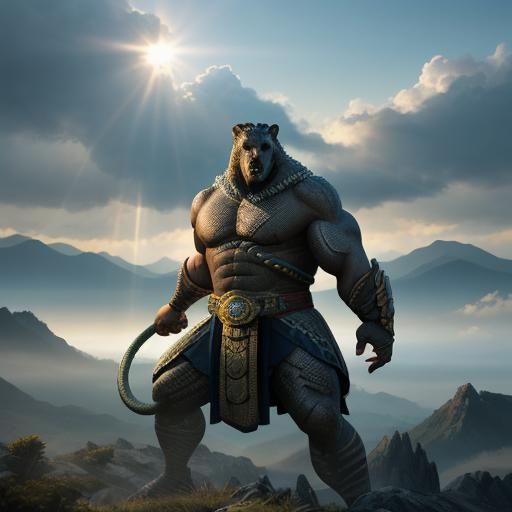 Muscular Anaconda Warrior in Misty Mountain Landscape
