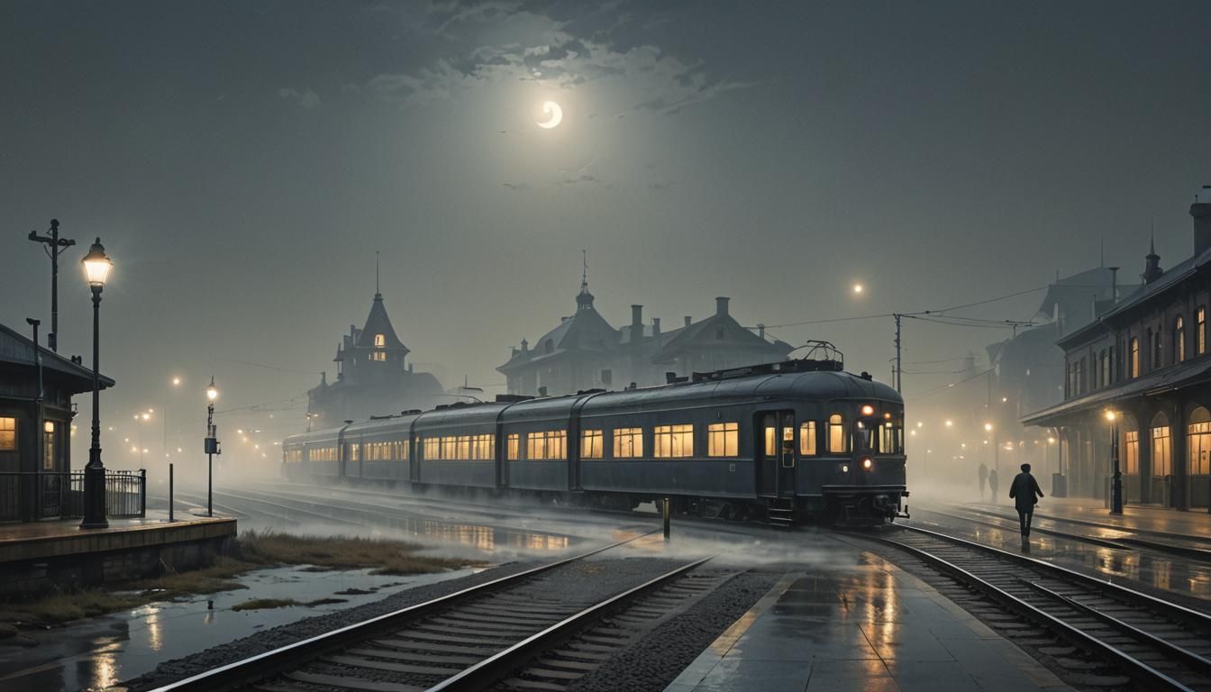Night Train Arrival in Fog, Hyper-Realistic Oil Painting
