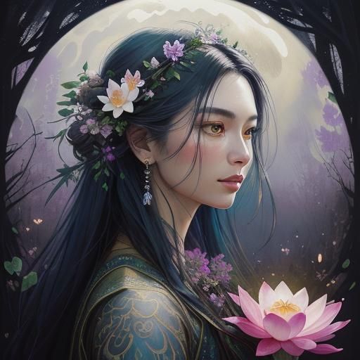 Ethereal Moon Goddess in Surreal Watercolor Portrait