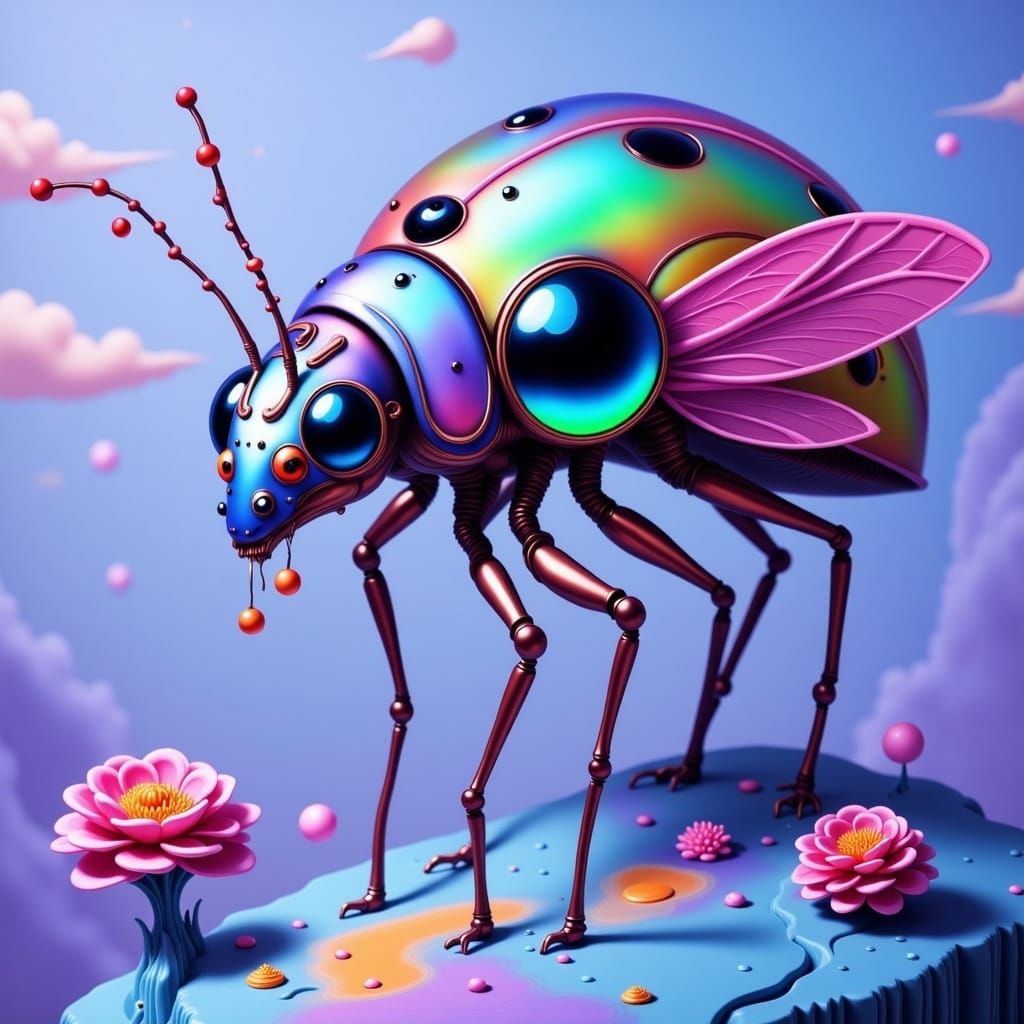 Iridescent Ladybug Alien Amidst Vibrant Floral Planet