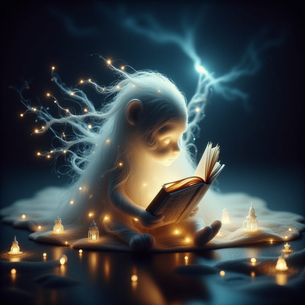 Surreal Baby Ghost Reads Book in Ethereal Light