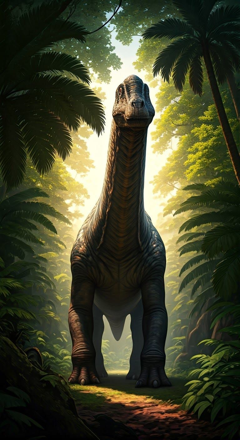 Colossal Sauropod Emerges from Jungle Canopy in Golden Light