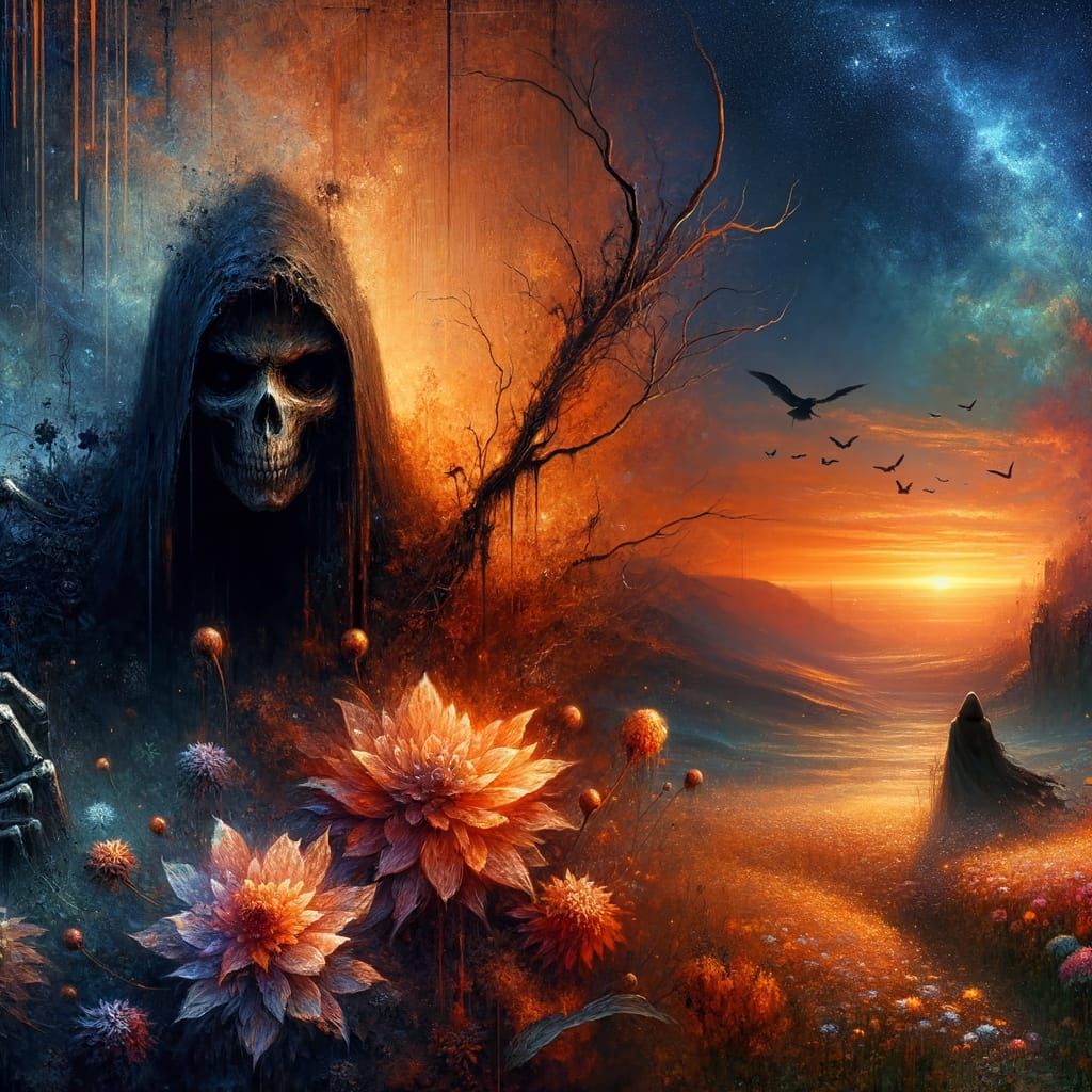 Grim Reaper Amidst Blooming Flowers and Sunset