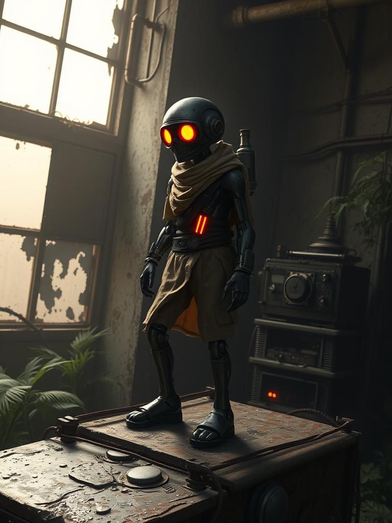 Cybernetic Stickman in Dystopian Jungle Outpost