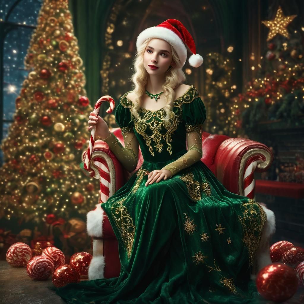 Festive Elf on Candy Cane in Digital Art Style