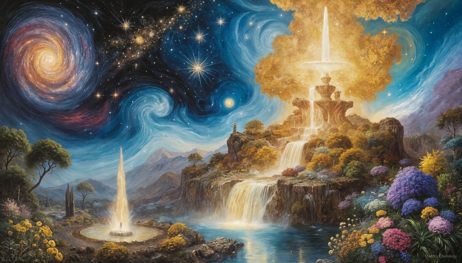 Cosmic Garden: Stardust Fountain in Oil Painting