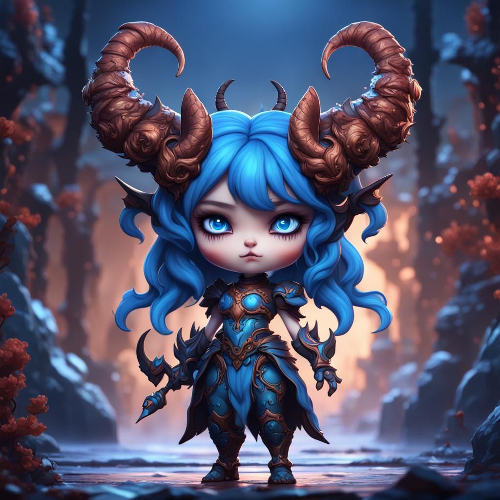 Blue Blossom Chibi Demons in Detailed Digital Art