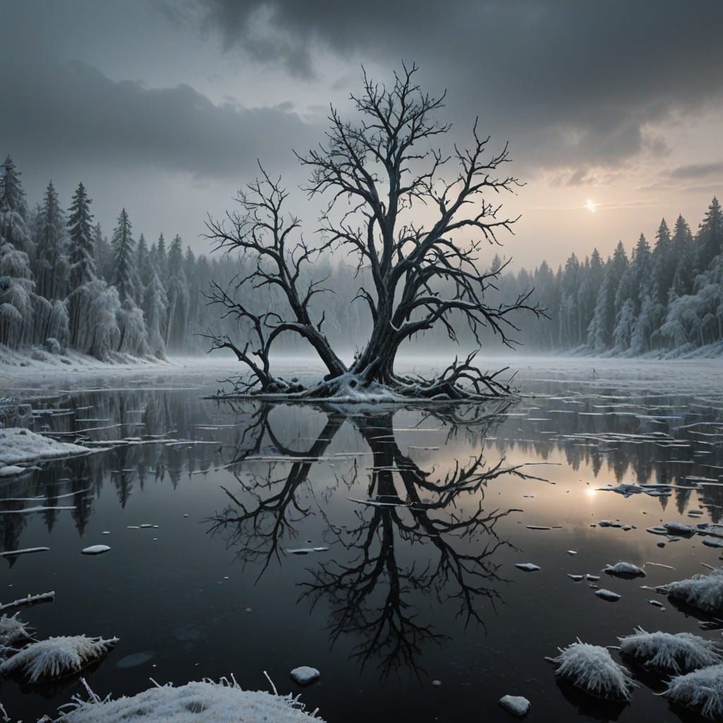 Frozen Lake Mercury Shores in Dark, Gritty Style