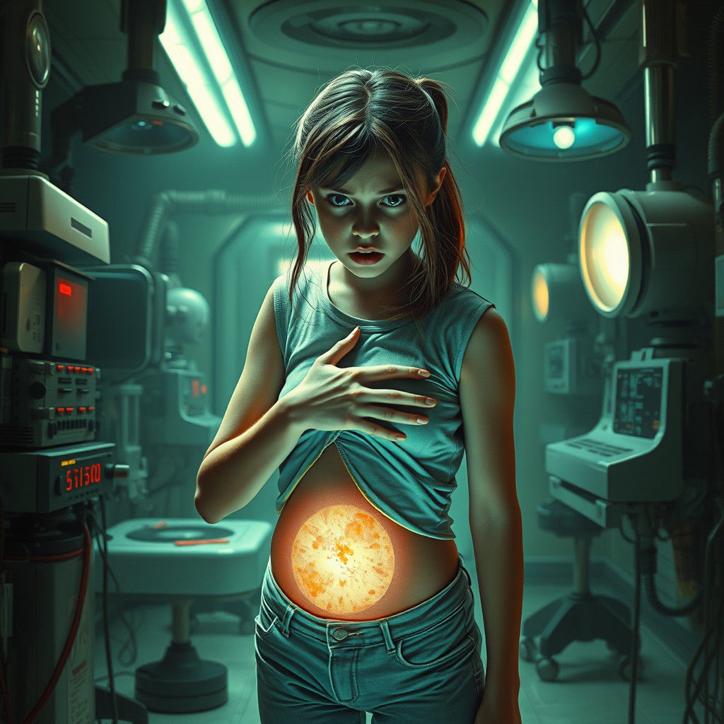 Frightened Girl in Sci-Fi Laboratory, Biomechanical Art