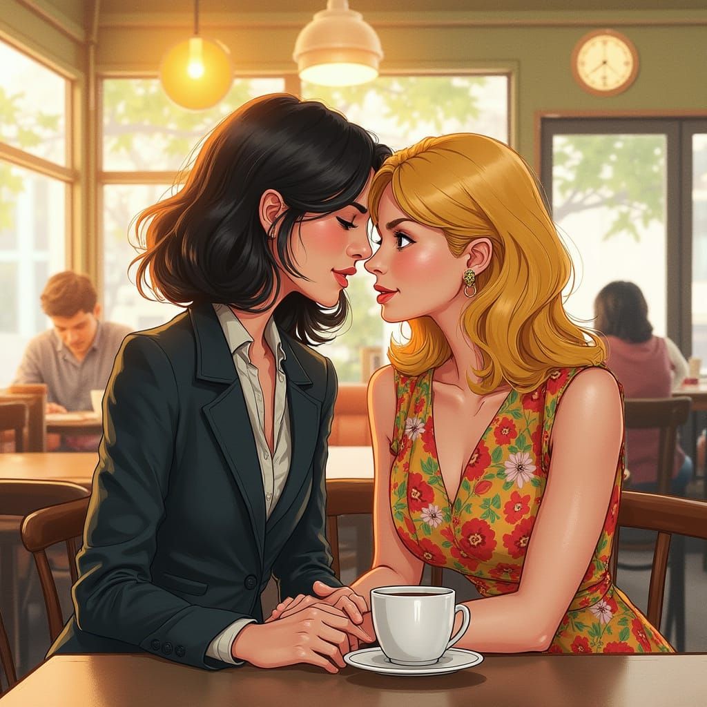 Two Women Chatting in a Boston Cafe: Watercolor and Ink