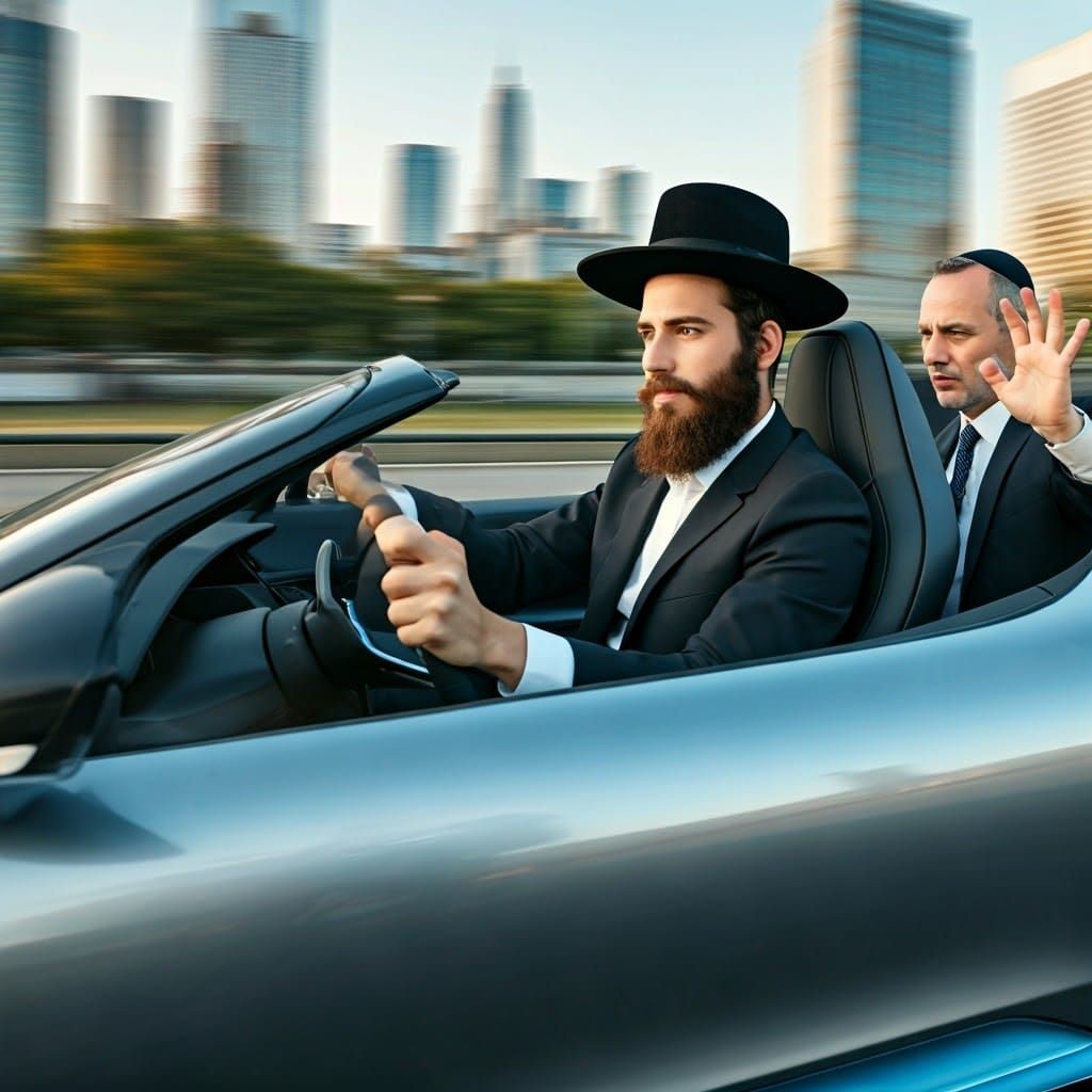 Confident Hasidic Youth Navigates Luxury Electric Vehicle in...