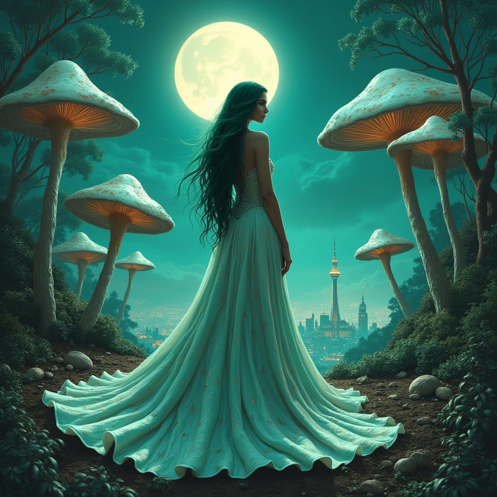 Emerald Woman in Alien Grove, in Cosmic Glamour Style