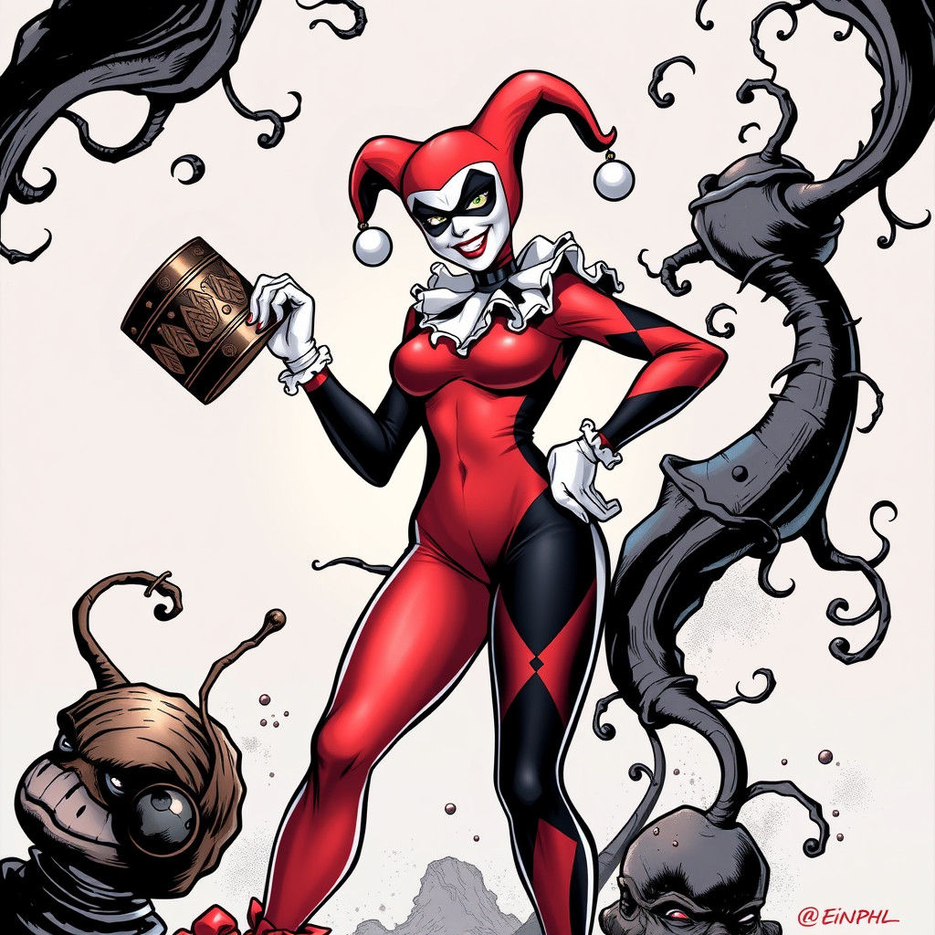 Harley Quinn full body long shot,  evil pose in  her  original  costume, deviant smile,  in the  style  of frank Cho, co...
