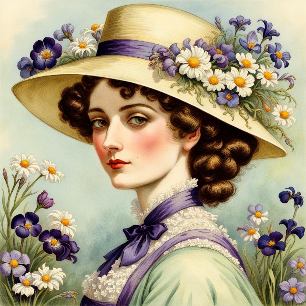 Victorian Woman with Floral Hat Illustration