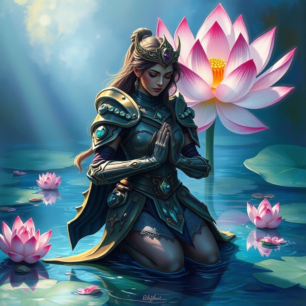 Warrior Princess Praying by Lotus Pond