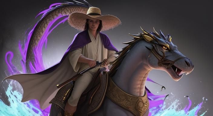 wizard with straw hat purple robes golden eyes riding that trigger got no heart Mafia! Sumerian dragon concept high cont...