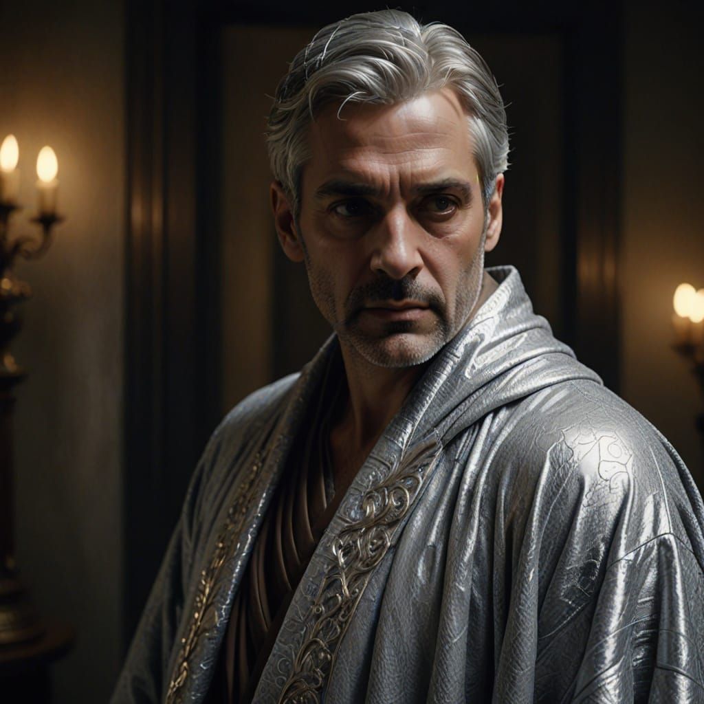 Intricate Portrait of Silver-Haired Man in Grey Robe