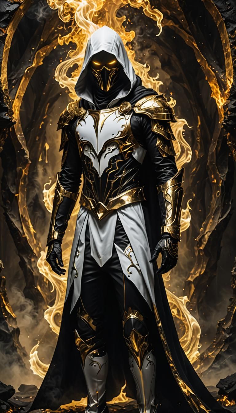 Dark fantasy, shadow knights, white and gold armor, hooded f...
