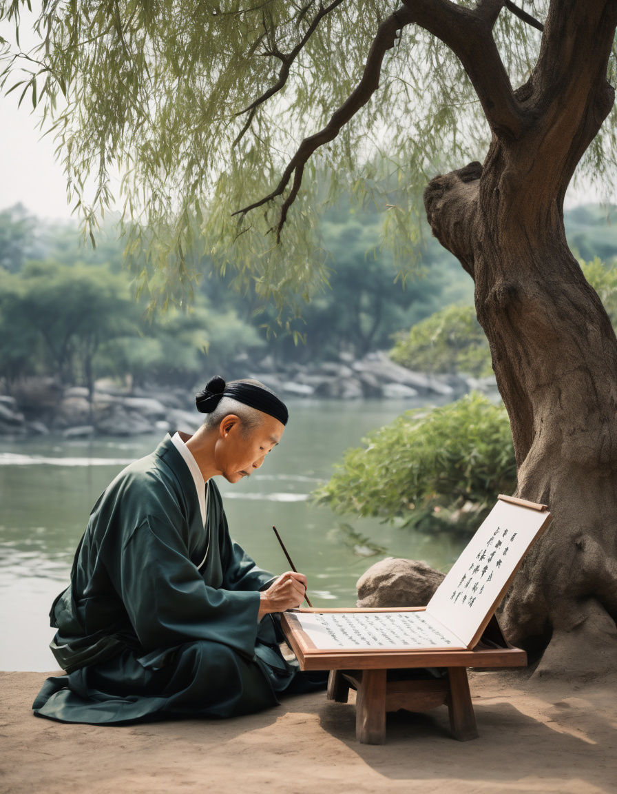 Chinese Sage Contemplating Calligraphy by a River
