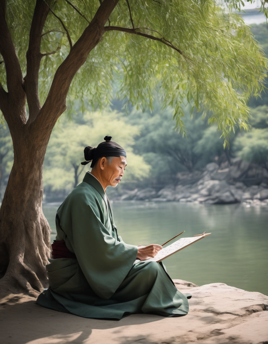 Chinese Sage Studying Calligraphy Under a River Tree