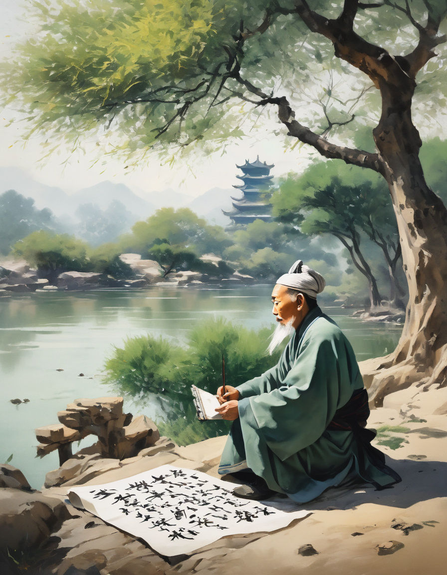 Chinese Sage Contemplates Calligraphy Under Riverside Tree