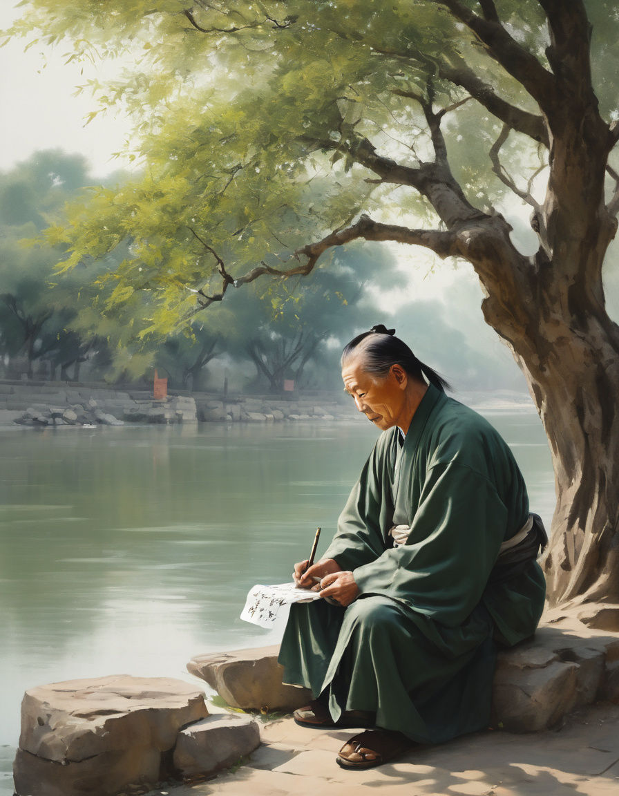 Chinese Sage Contemplates Calligraphy Under Riverside Tree
