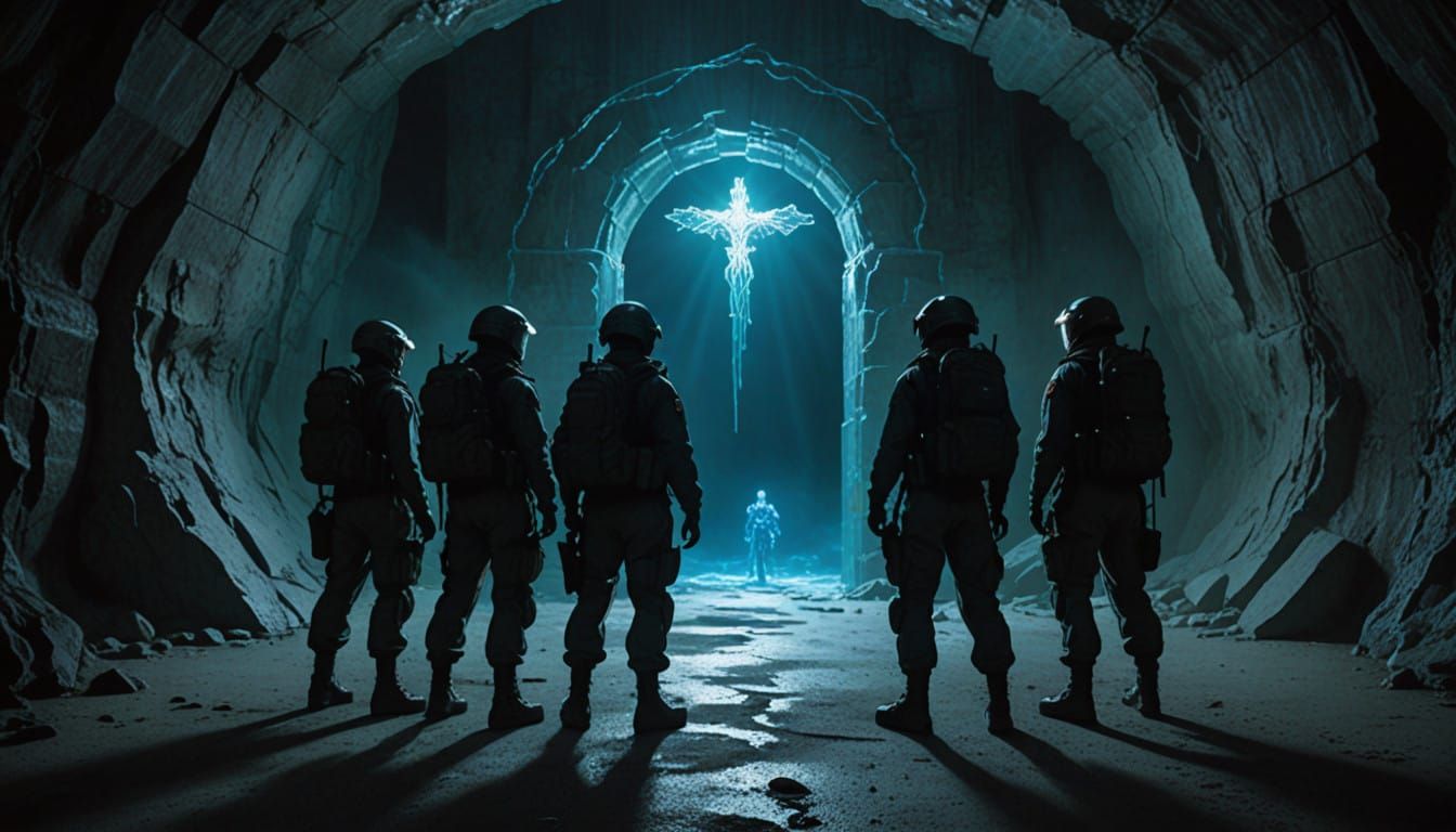Soldiers Stand at Attention Before a Glowing Ethereal Gate