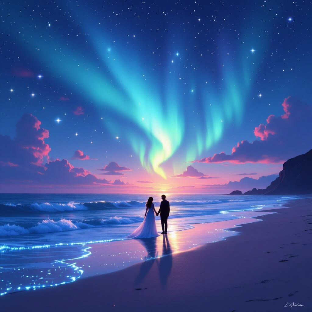 Couple Watches Northern Lights Over Bioluminescent Beach