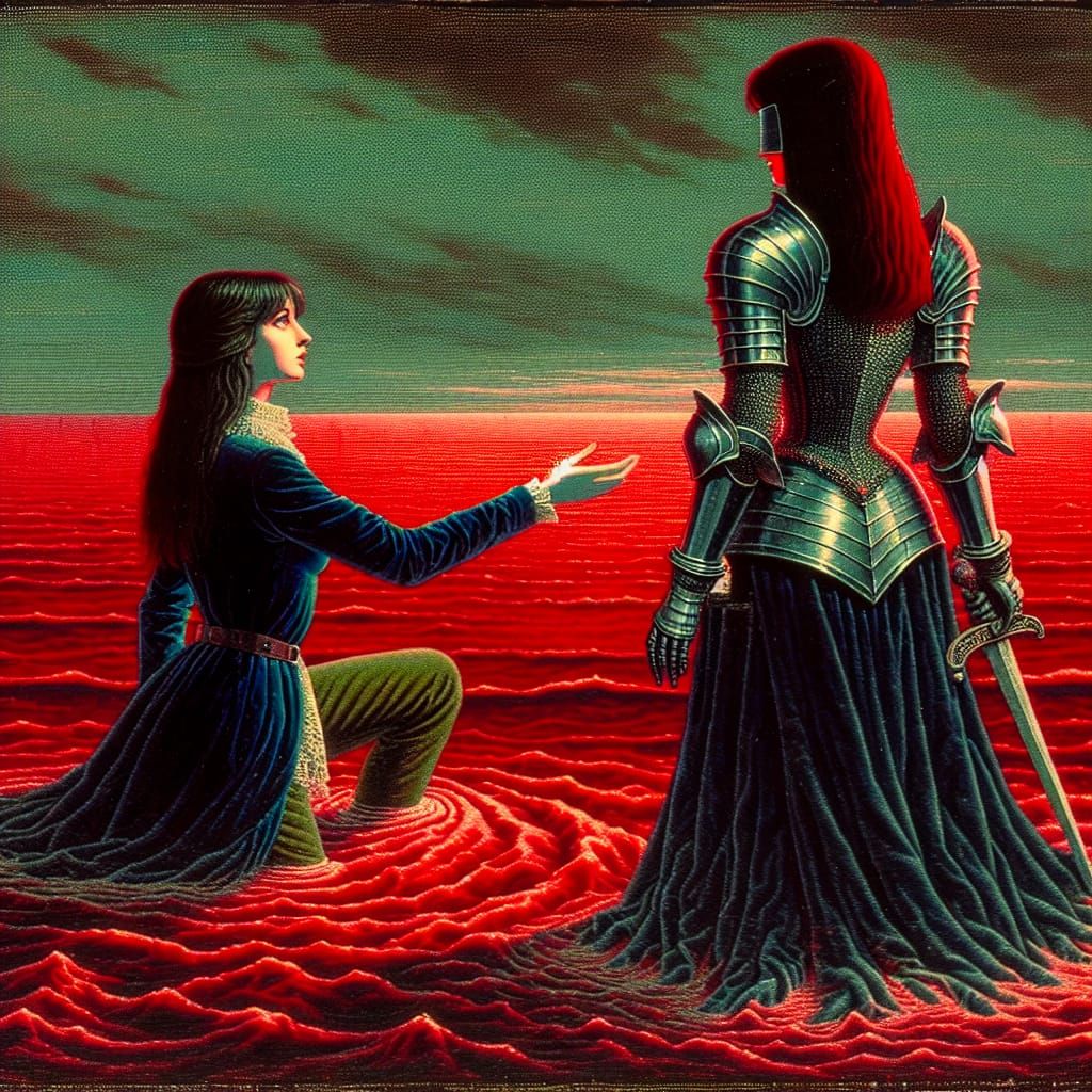Elegant Black Knight Meets Faded Savior in a Haunting Red La...
