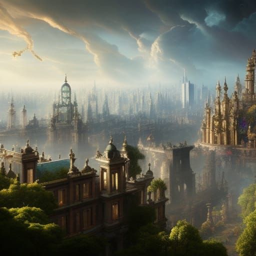 Retrofuturistic Rococo City Aerial View